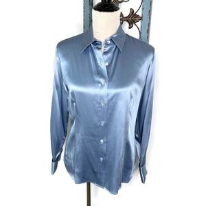 Lafayette 148 Silk Blue Long Sleeve Button Down Blouse